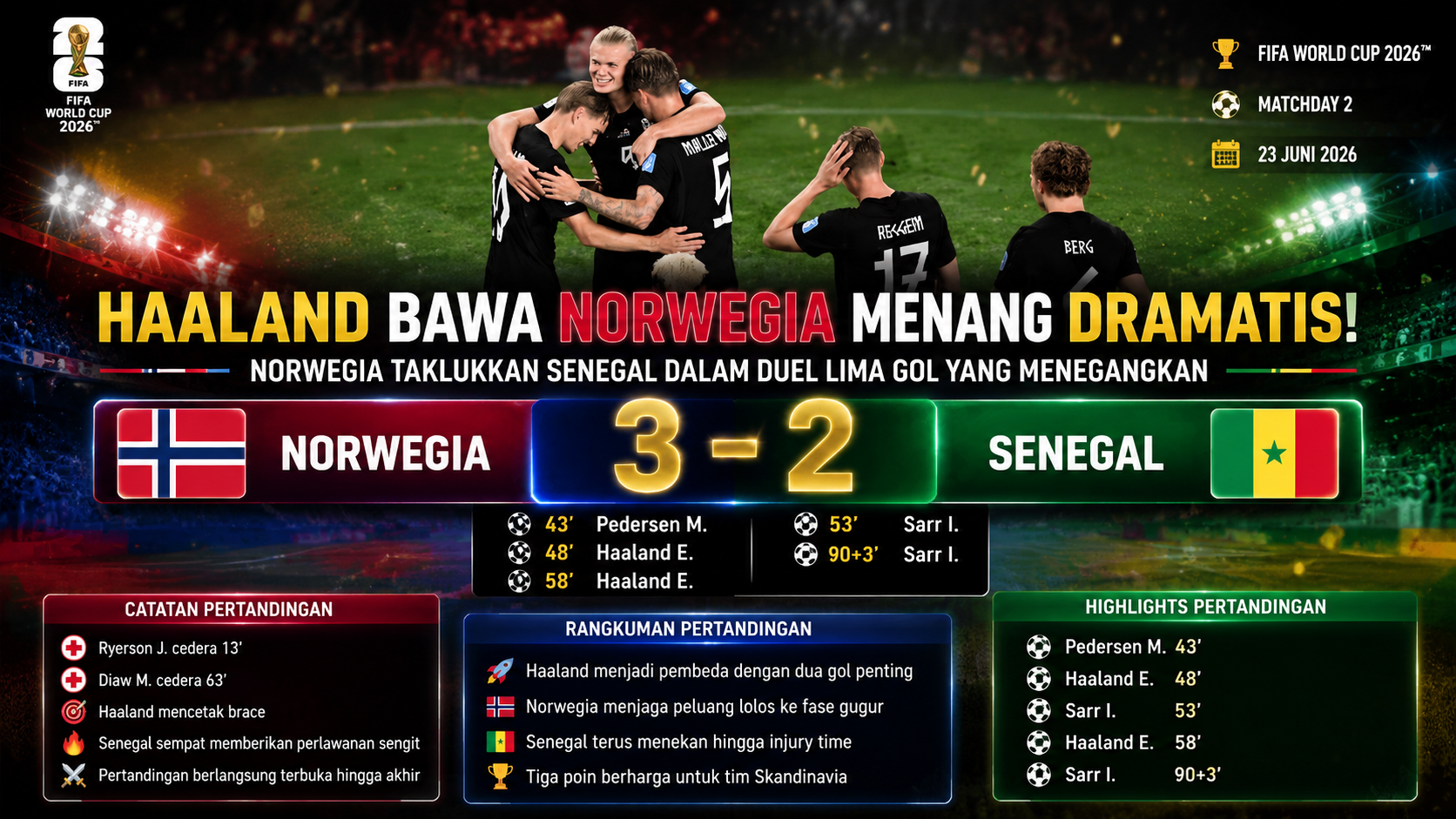 Norwegia 3-2 Senegal: Haaland Cetak Brace, Wakil Skandinavia Menang Dramatis
