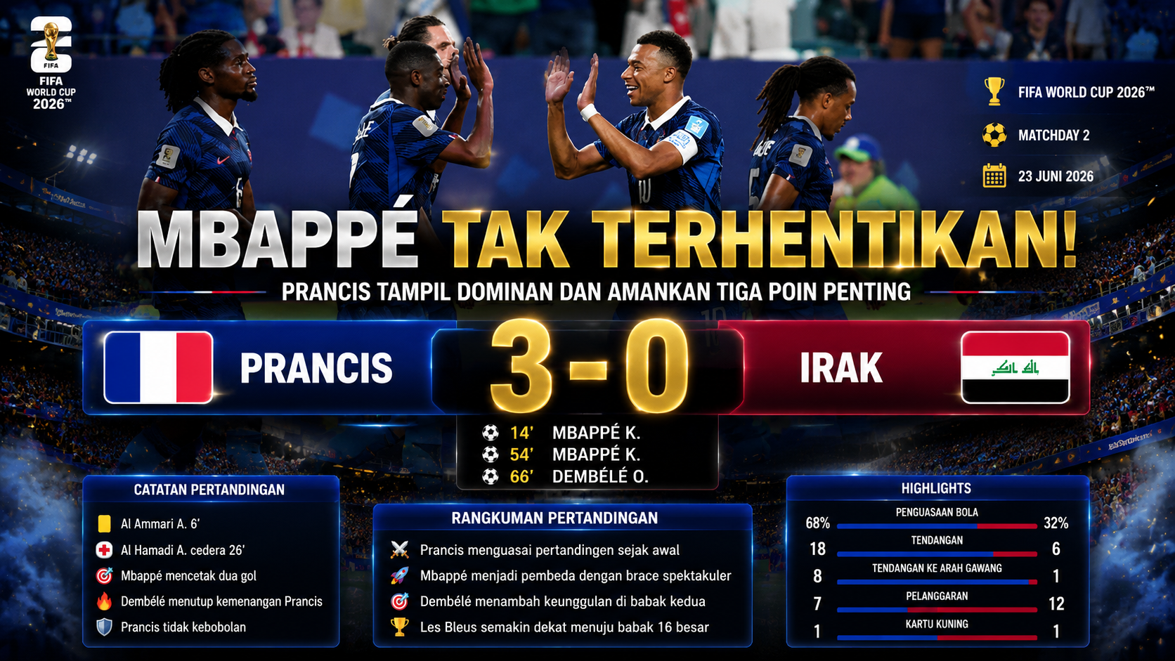 Perancis 3-0 Irak: Mbappe Cetak Brace, Les Bleus Melaju Meyakinkan di Piala Dunia 2026